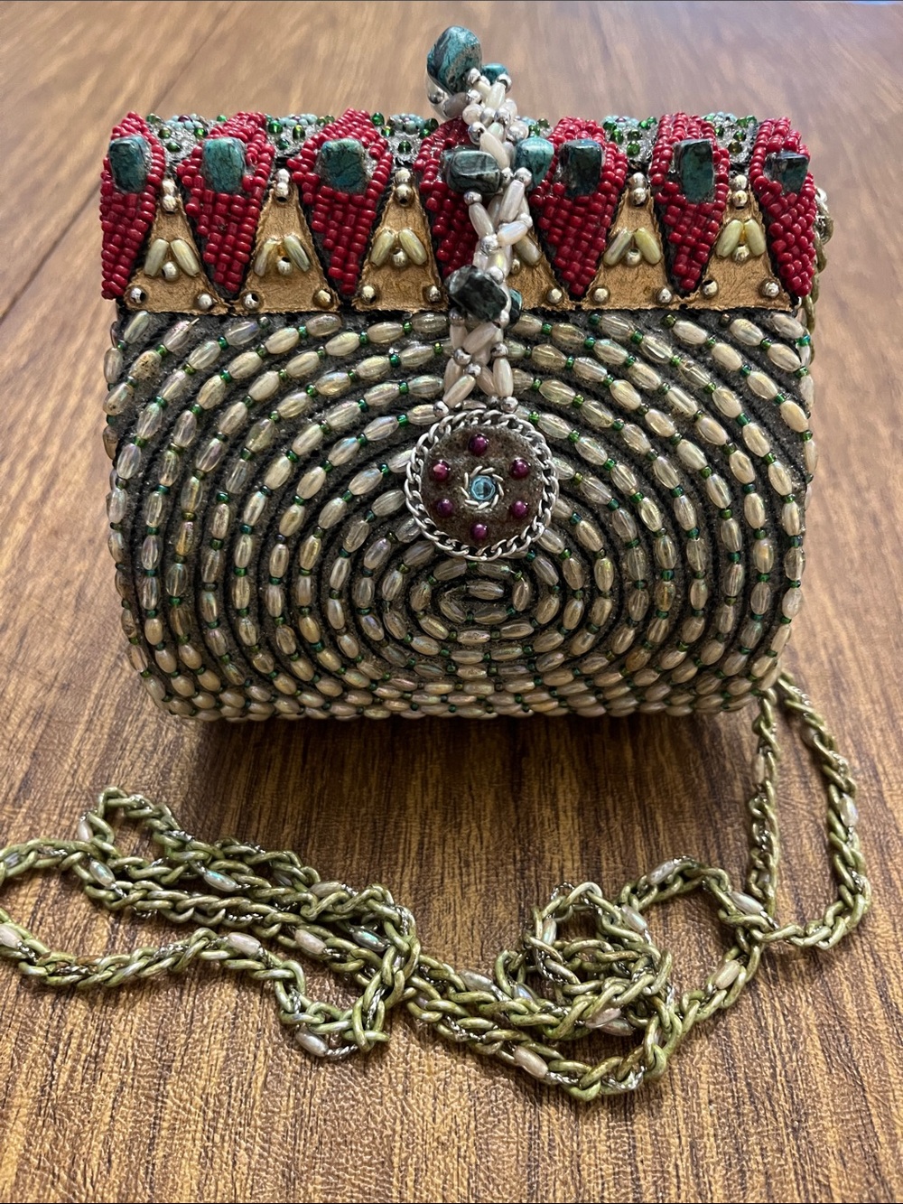 Gorgeous vintage Mary Frances Beaded Crossbody Bag in Red, Turquoise & Gold